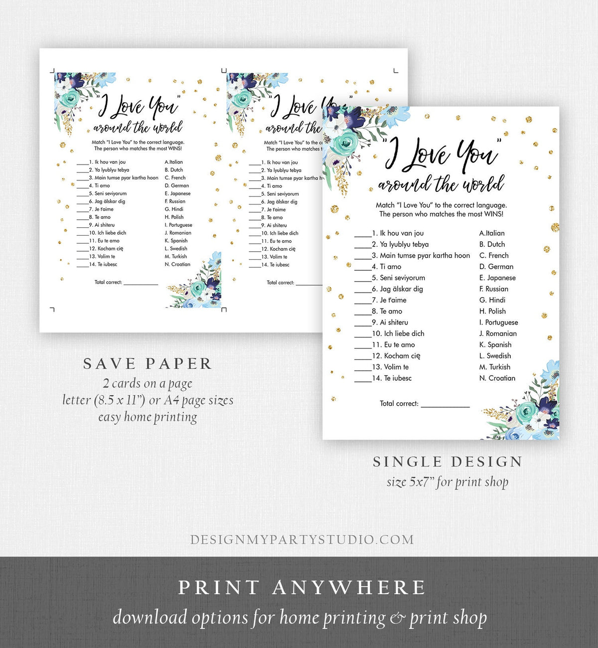 Editable Travel Bridal Shower Game I Love You Around the World Wedding Shower Activity Floral Bachelorette Digital Template Printable 0030
