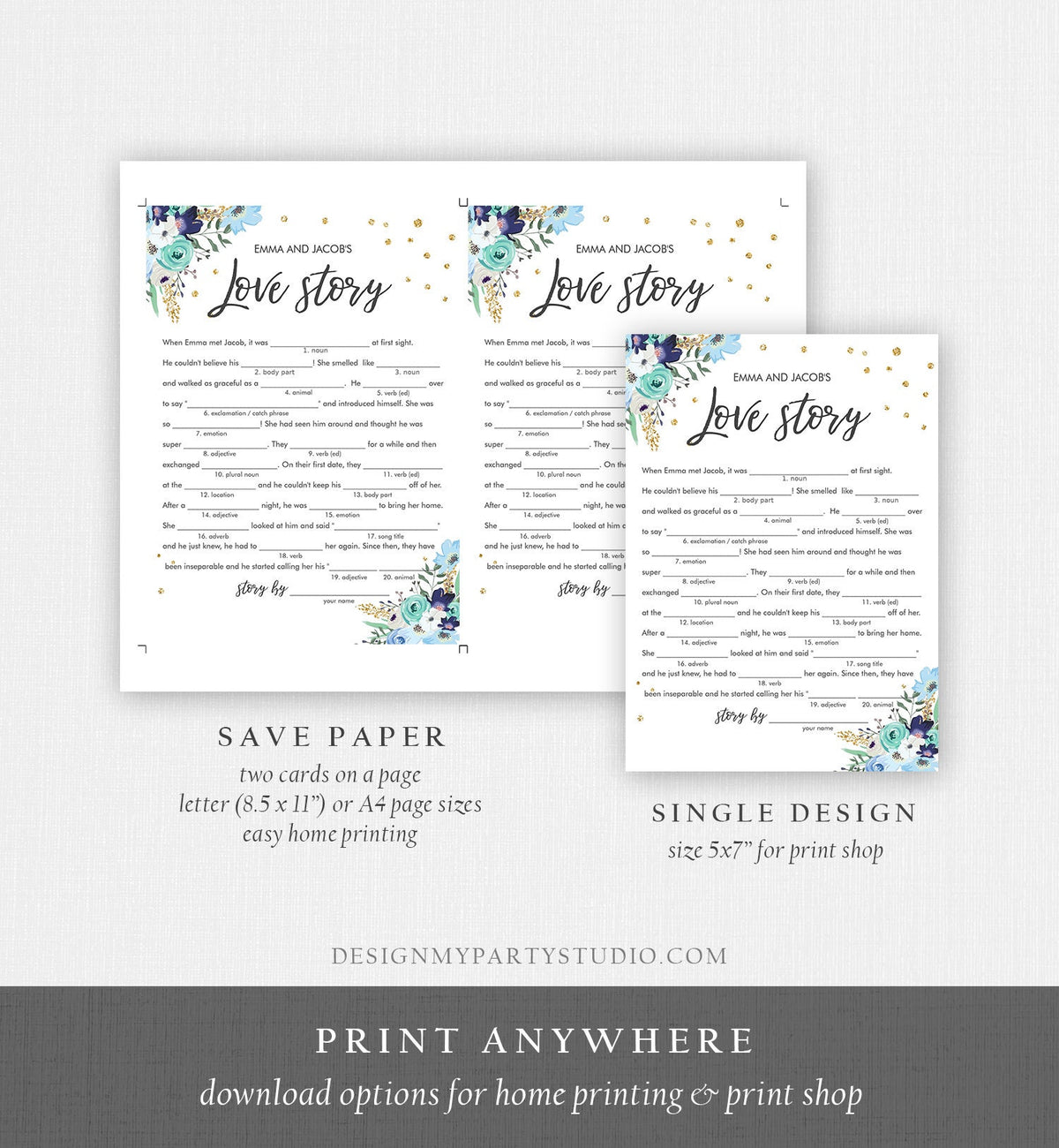Editable Travel Floral Bridal Shower Games Bundle Wedding Shower Activity Blue Gold Confetti Traveling to Mrs Corjl Template Printable 0030