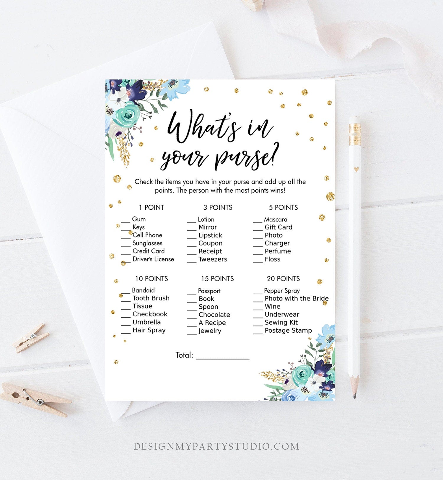 Editable What's in Your Purse Bridal Shower Game Wedding Shower Activity Blue Floral Gold Confetti Flowers Corjl Template Printable 0030