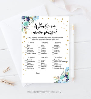 Editable What's in Your Purse Bridal Shower Game Wedding Shower Activity Blue Floral Gold Confetti Flowers Corjl Template Printable 0030
