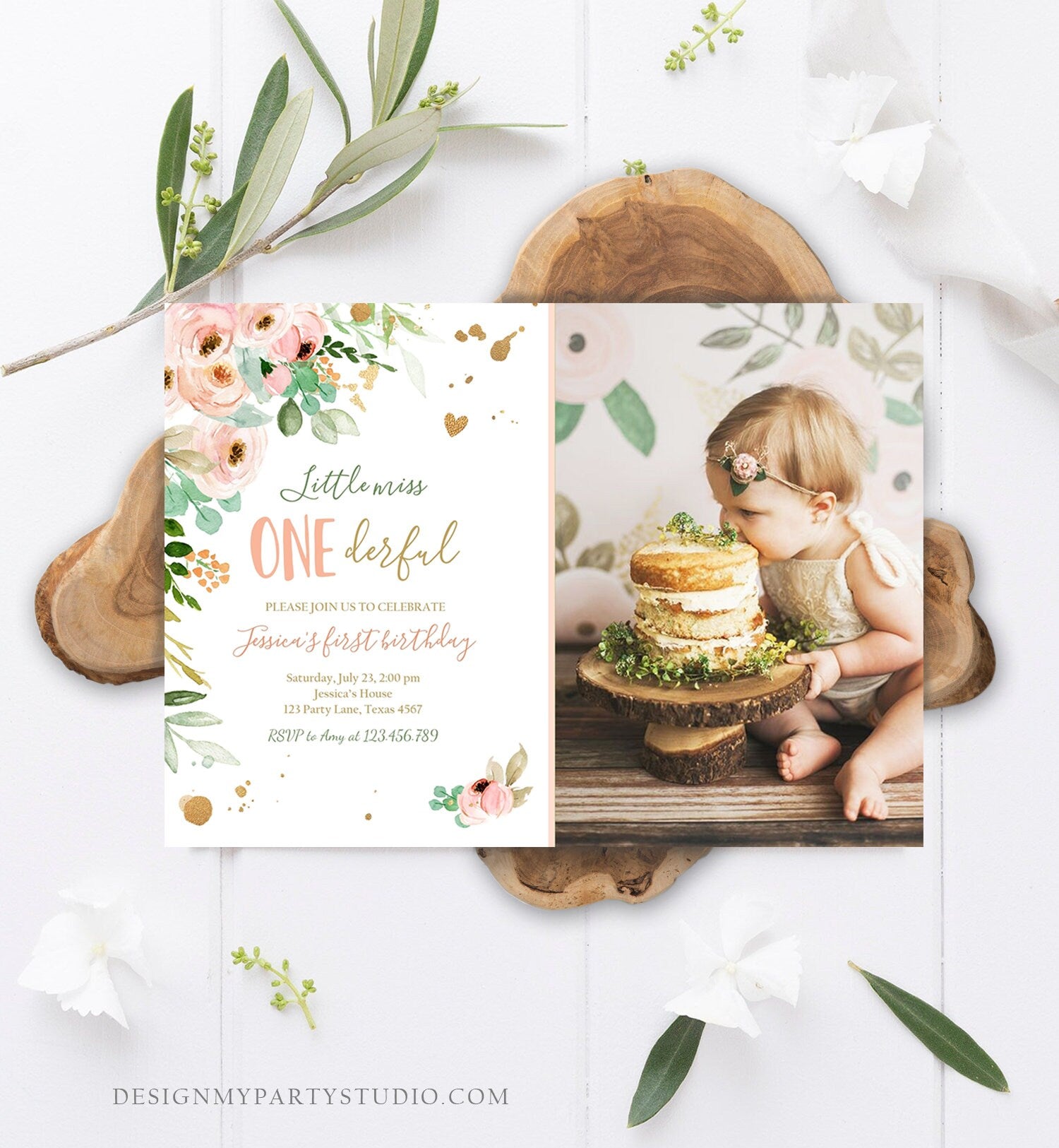 Editable Little Miss Onederful Birthday Invitation 1st Birthday Girl Pink Gold Floral Download Printable Template Corjl Digital 0147