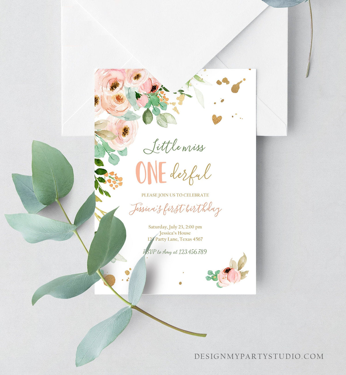 Editable Little Miss Onederful Birthday Invitation 1st First Birthday Girl Pink Gold Floral Digital Download Evite Template Printable 0147