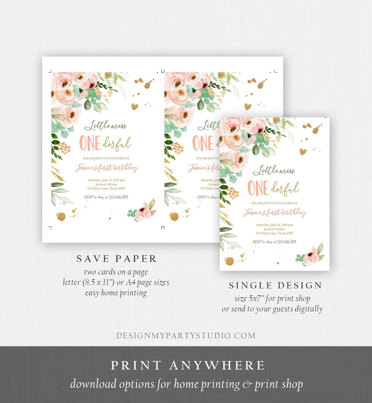 Editable Little Miss Onederful Birthday Invitation 1st First Birthday Girl Pink Gold Floral Digital Download Evite Template Printable 0147