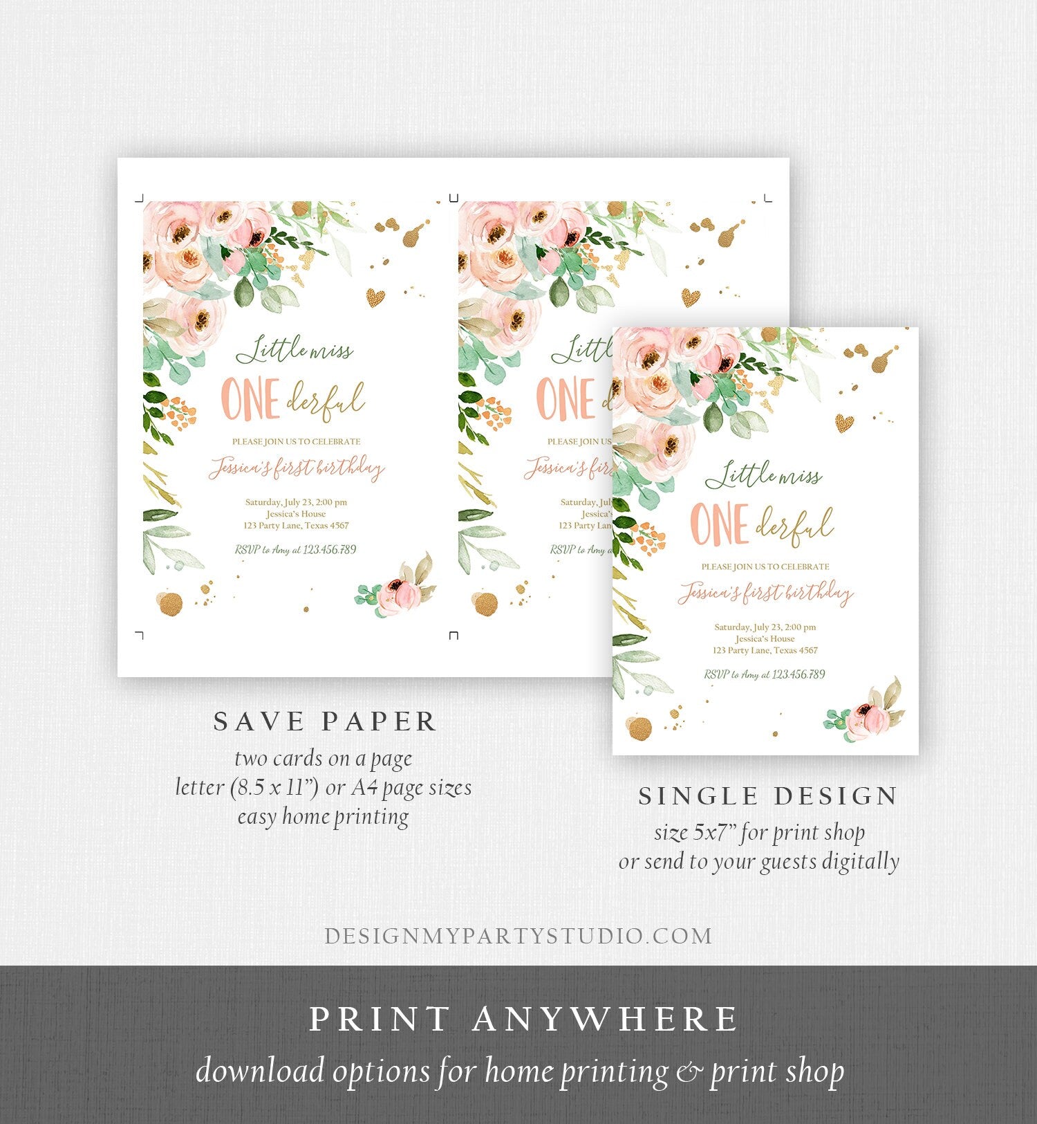 Editable Little Miss Onederful Birthday Invitation 1st First Birthday Girl Pink Gold Floral Digital Download Evite Template Printable 0147