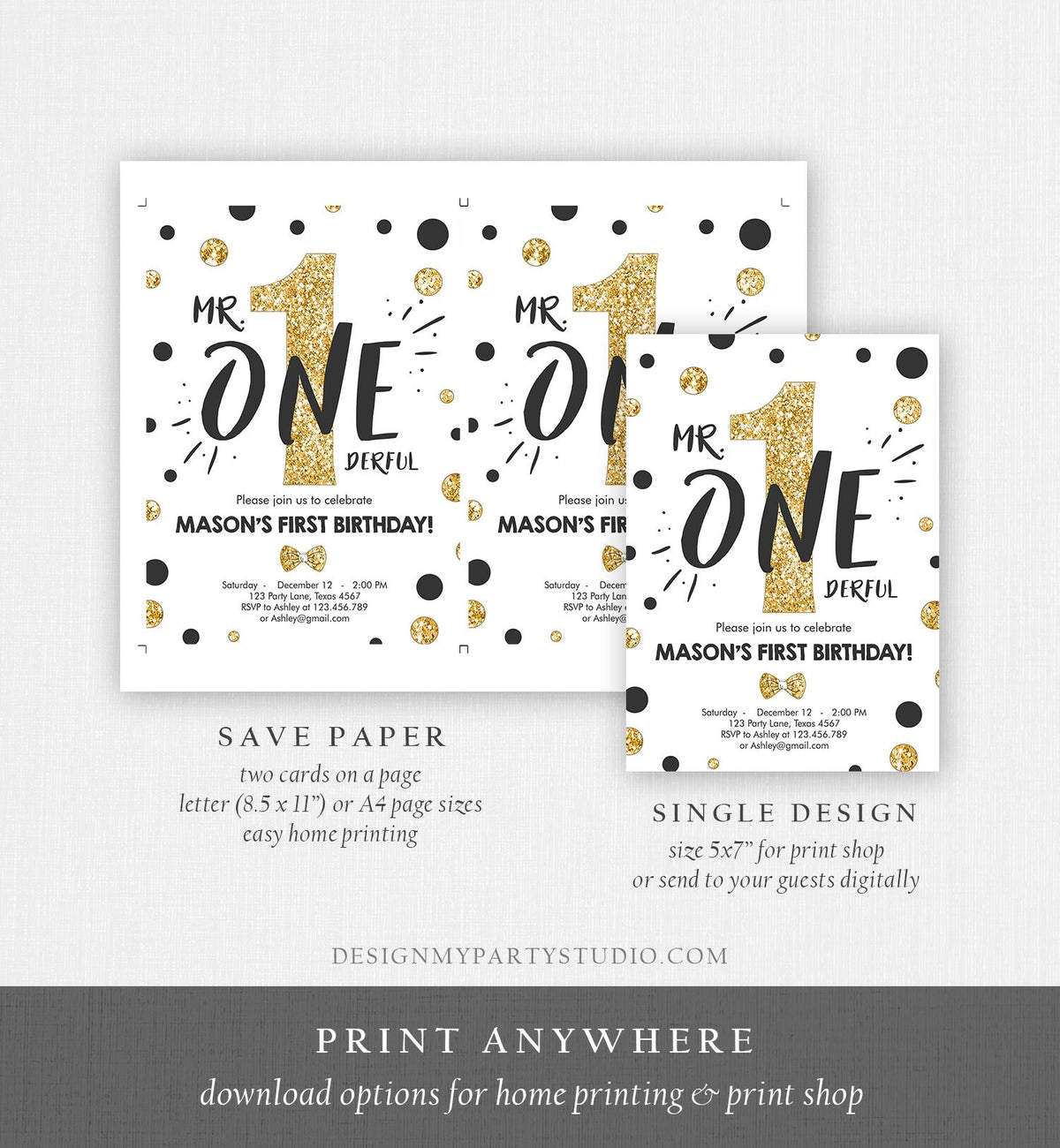 Editable Mr Onederful Birthday Invitation Black and Gold Boy Birthday Bow Tie 1st Birthday Digital Download Template Printable 0072