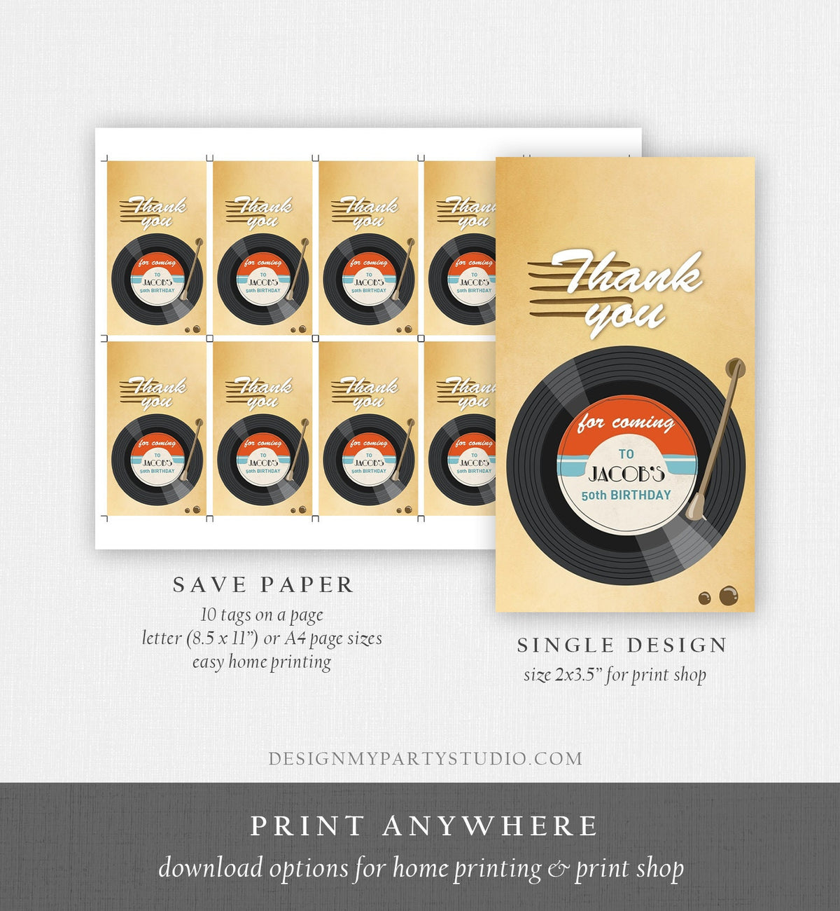 Editable LP Thank You Favor Tags Vintage Vinyl Record Adult Birthday Tag Oldies Disco Surprise Dancing Party Digital Template Printable 0294