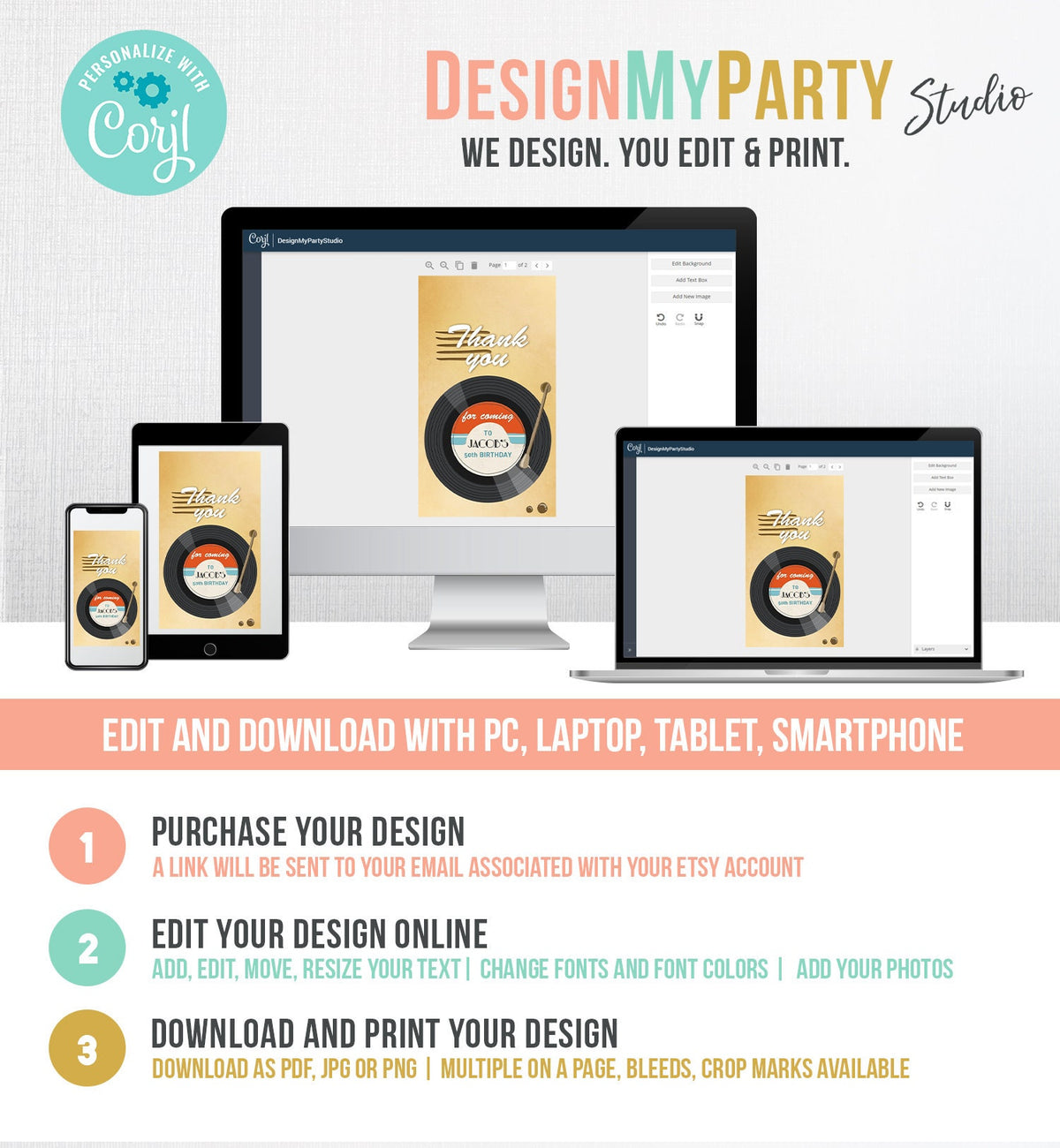 Editable LP Thank You Favor Tags Vintage Vinyl Record Adult Birthday Tag Oldies Disco Surprise Dancing Party Digital Template Printable 0294