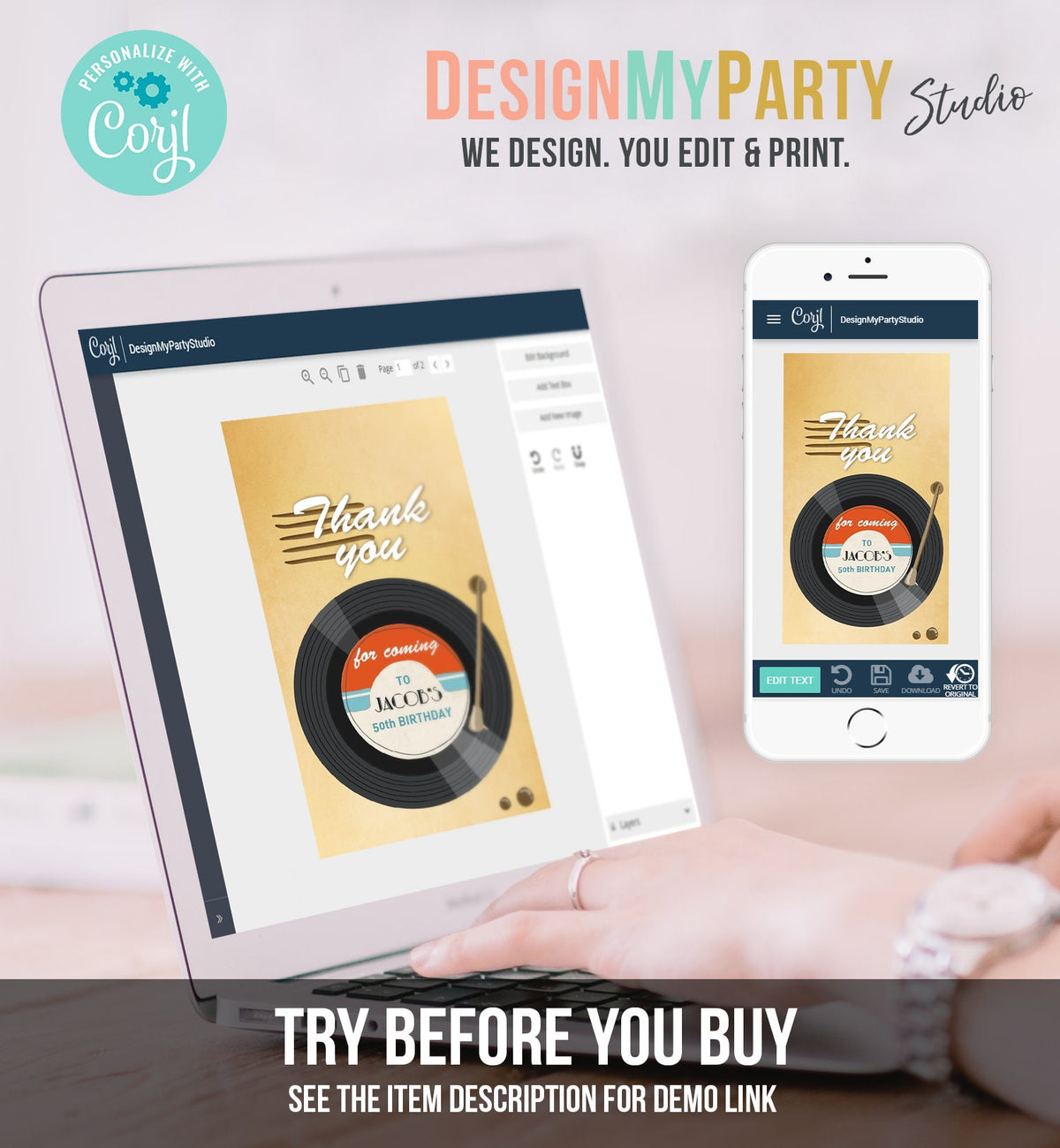 Editable LP Thank You Favor Tags Vintage Vinyl Record Adult Birthday Tag Oldies Disco Surprise Dancing Party Digital Template Printable 0294