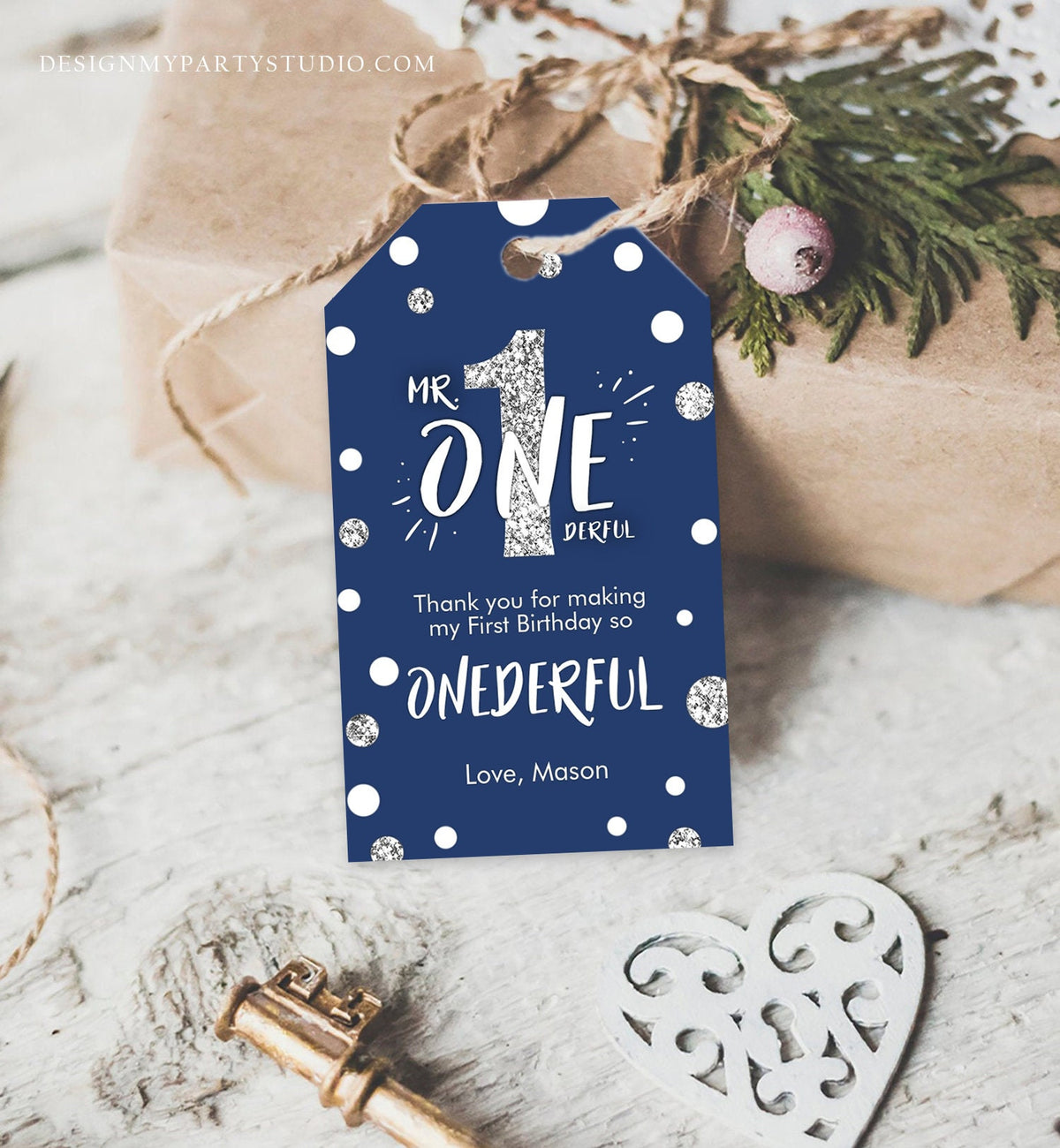 Editable Mr Onederful Favor Tag Birthday Thank You Navy Blue Silver Bow Boy 1st First Birthday Digital Download Template Printable 0072