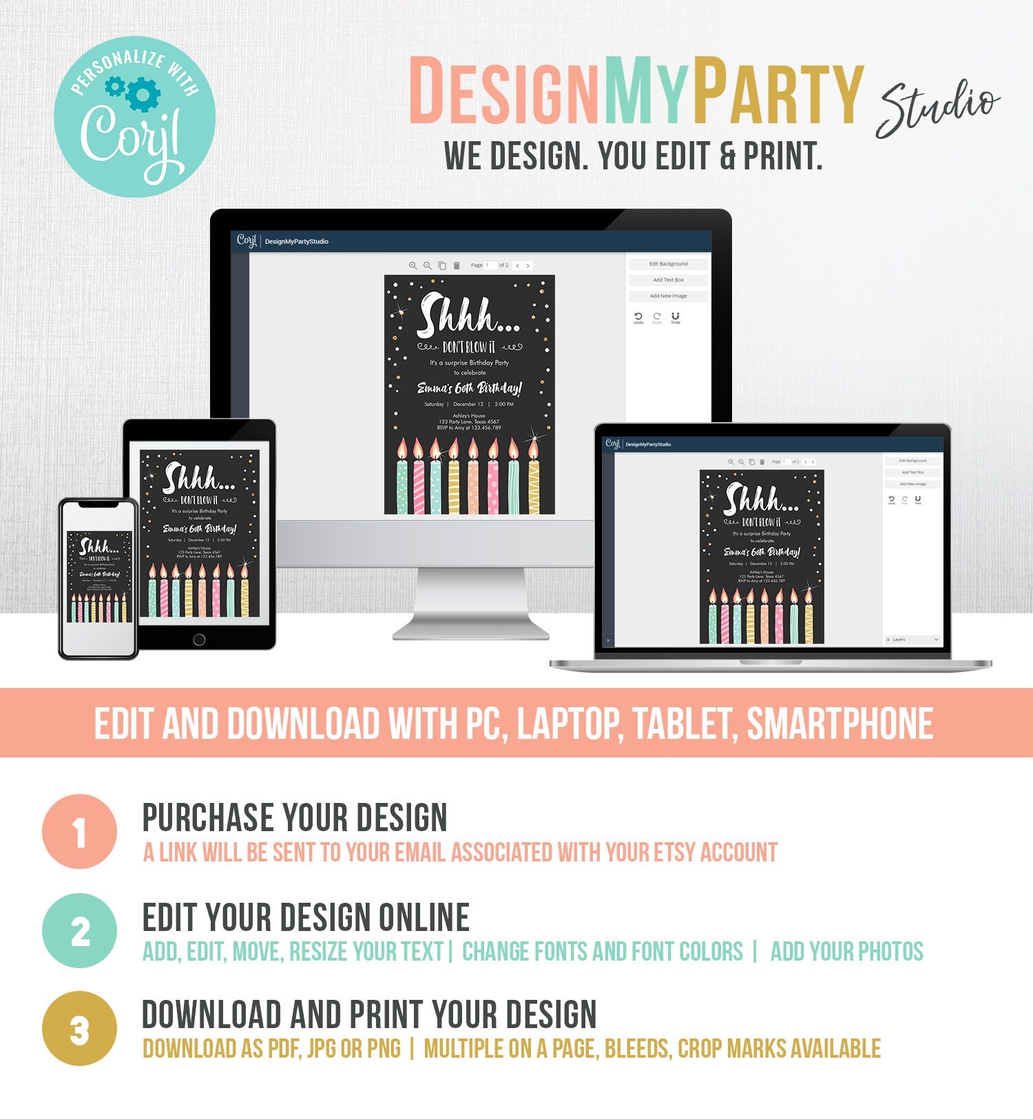 Editable Candles Surprise Birthday Invitation Shhh It's A Surprise Party 30th 40th 50th 60th Adult Download Corjl Template Printable 0277