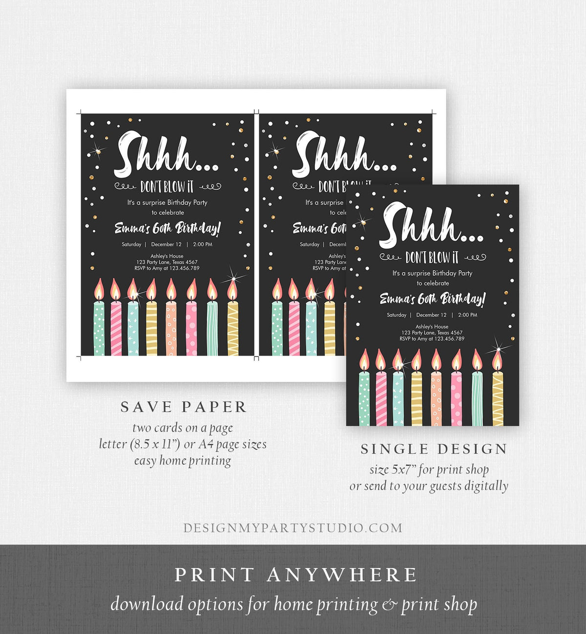 Editable Candles Surprise Birthday Invitation Shhh It&#39;s A Surprise Party 30th 40th 50th 60th Adult Download Corjl Template Printable 0277