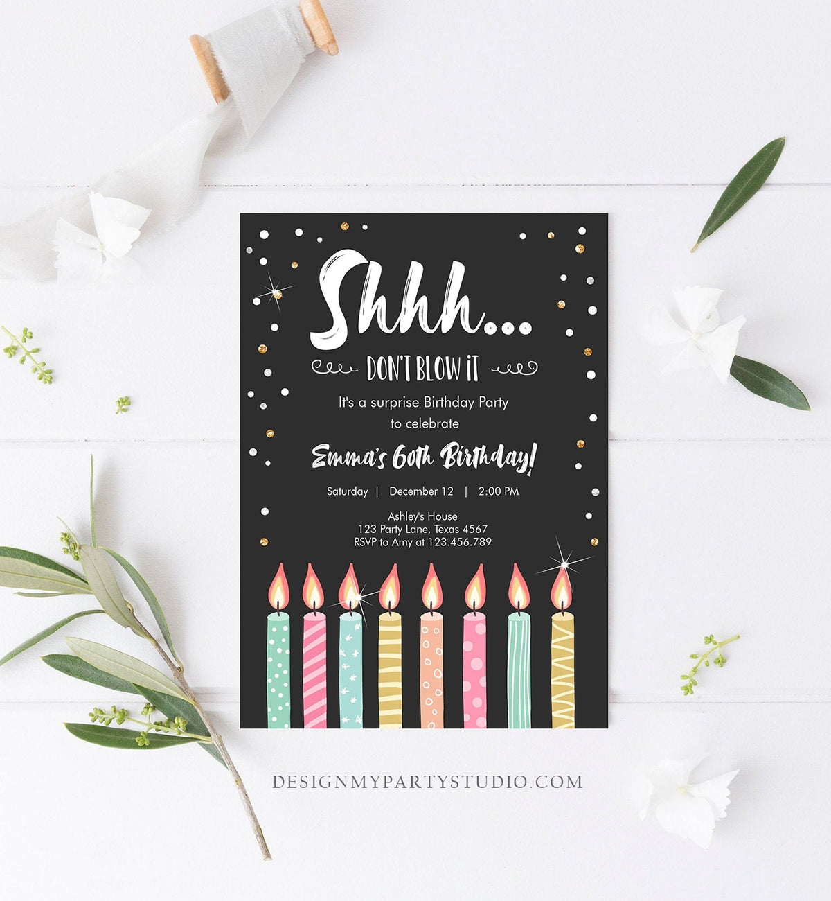 Editable Candles Surprise Birthday Invitation Shhh It&#39;s A Surprise Party 30th 40th 50th 60th Adult Download Corjl Template Printable 0277