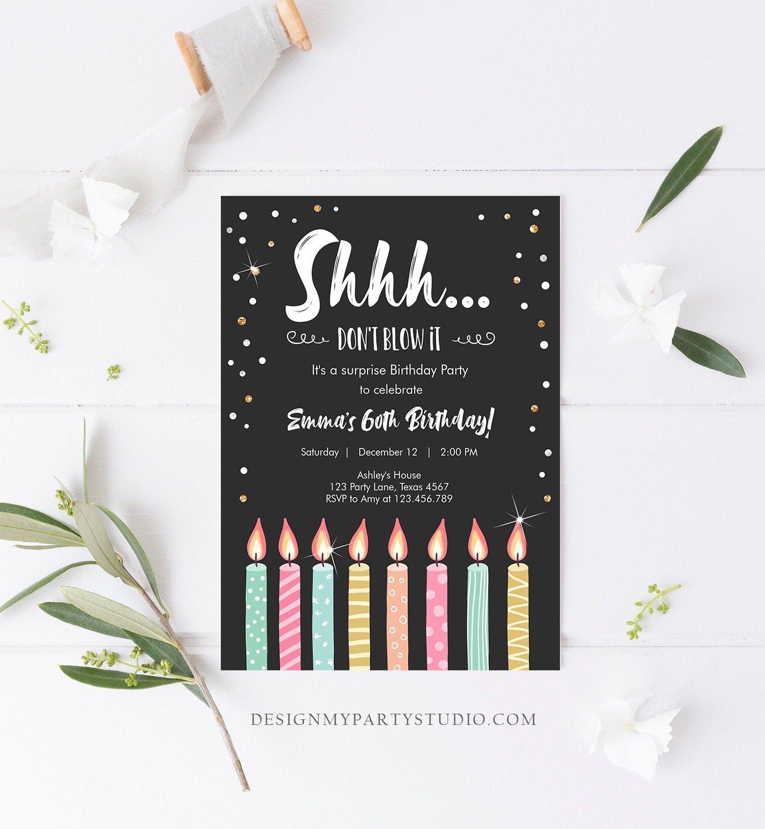 Editable Candles Surprise Birthday Invitation Shhh It&#39;s A Surprise Party 30th 40th 50th 60th Adult Download Corjl Template Printable 0277