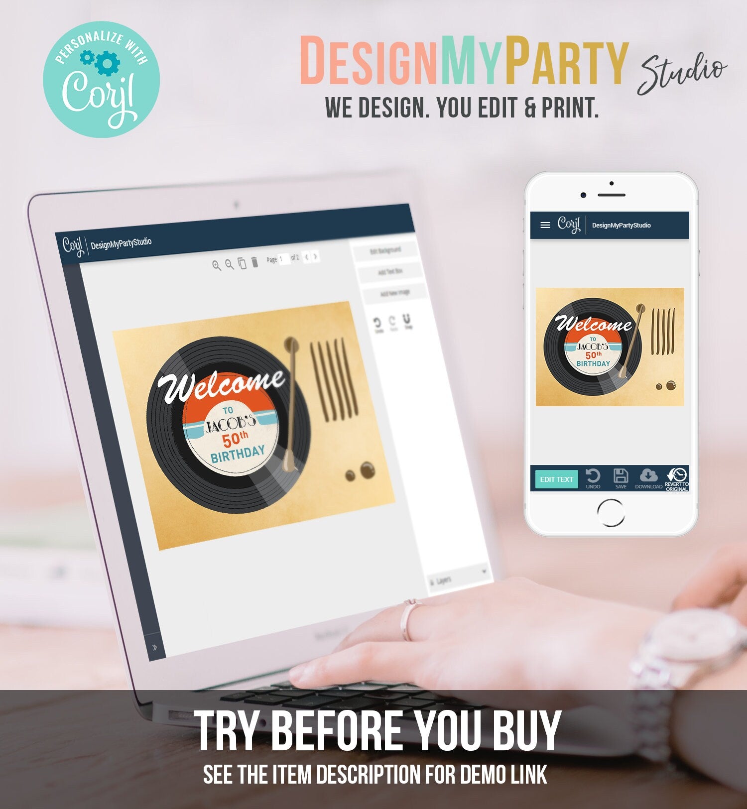 Editable Welcome Sign Vintage Vinyl Birthday Party Adult Birthday Decor Man Woman Oldies Disco Dancing Party Template PRINTABLE Corjl 0294