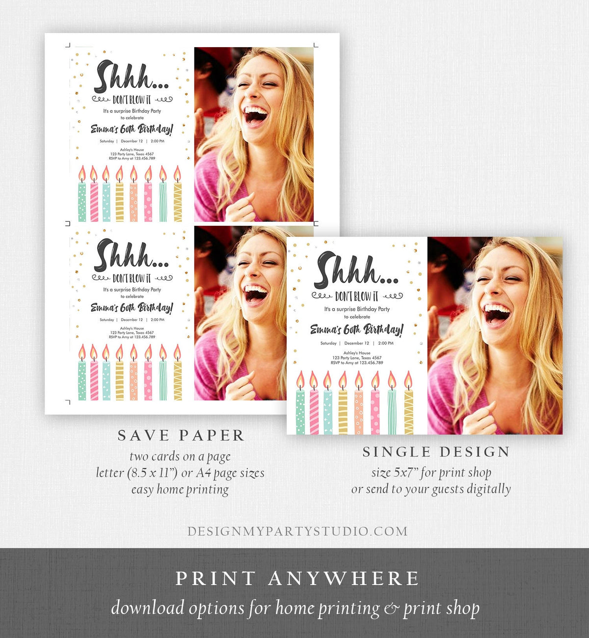 Editable Candles Surprise Birthday Invitation Shhh It&#39;s A Surprise Party 30th 40th 50th 60th Adult Digital Download Template Printable 0277