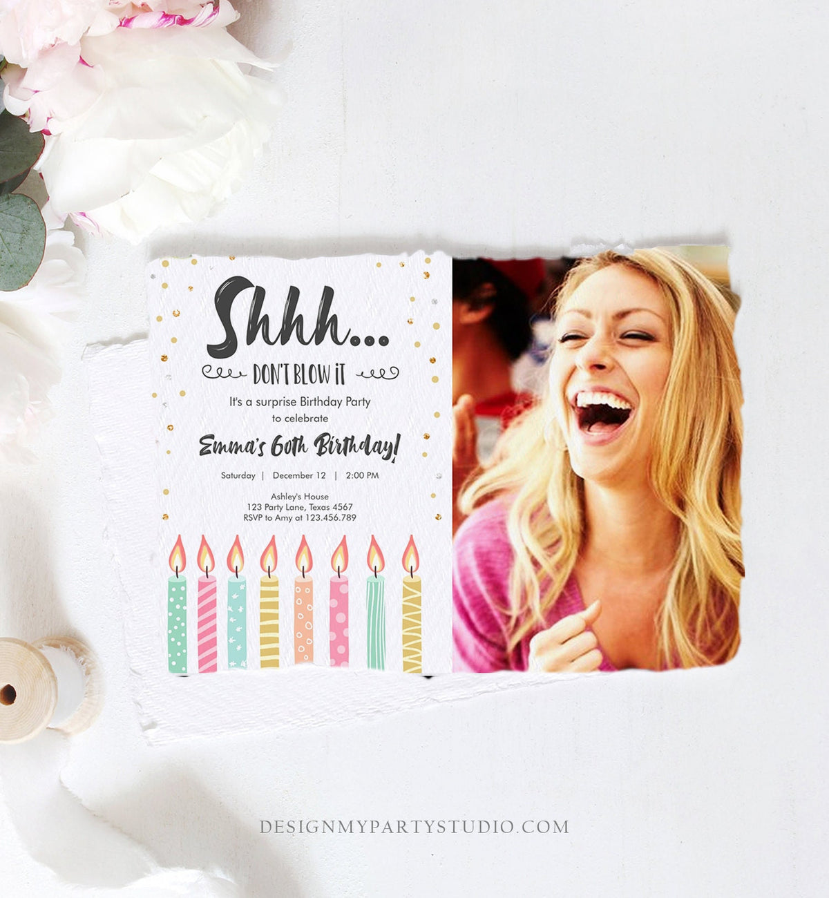 Editable Candles Surprise Birthday Invitation Shhh It&#39;s A Surprise Party 30th 40th 50th 60th Adult Digital Download Template Printable 0277