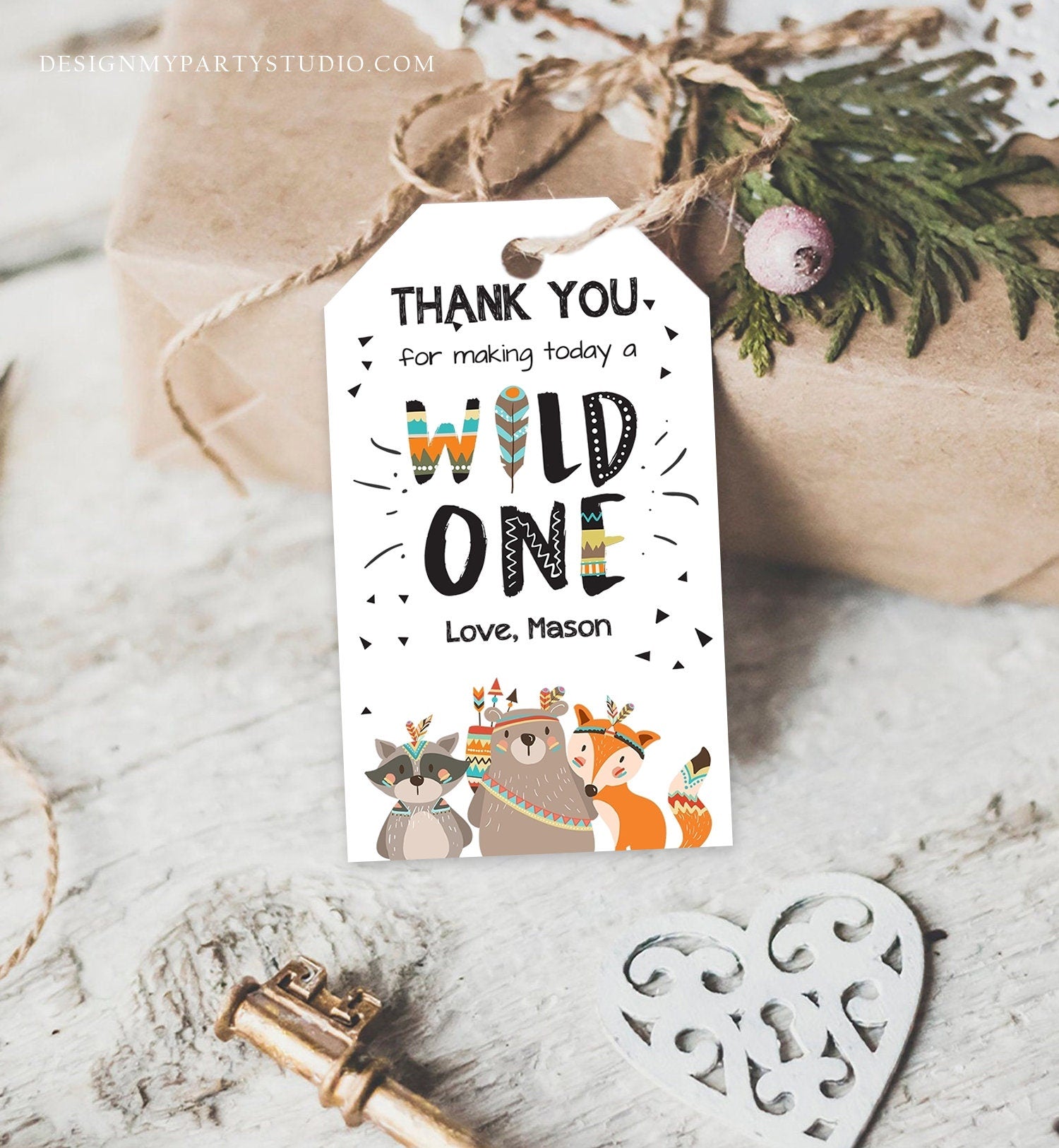 Editable Wild One Favor Tags Tags Tribal Woodland Birthday Thank you tags Boy Woodland Animals Boho Wild One Template Corjl PRINTABLE 0061