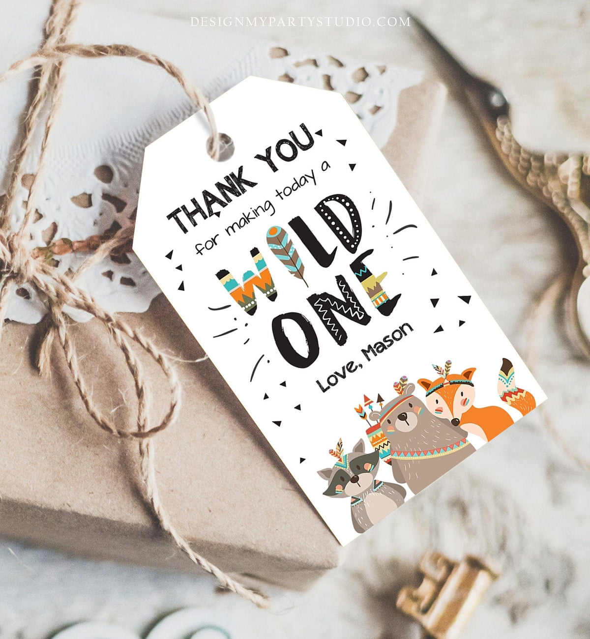 Editable Wild One Favor Tags Tags Tribal Woodland Birthday Thank you tags Boy Woodland Animals Boho Wild One Template Corjl PRINTABLE 0061