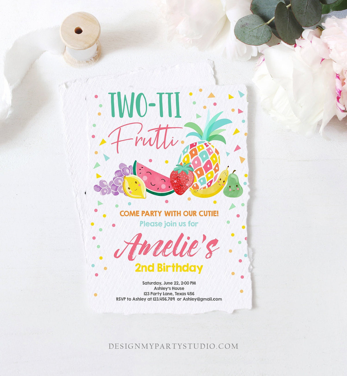 Editable Twotti Frutti 2nd Birthday Invitation Two-tti Fruiti Fruit Invite Tropical Summer Digital Download Template Printable 0139