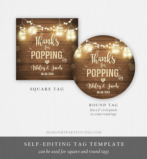 Editable Thanks For Popping By Gift Tag Birthday Party Favor Tag Popcorn Stickers Rustic Wood Lights Template DIY Corjl Printable 0015