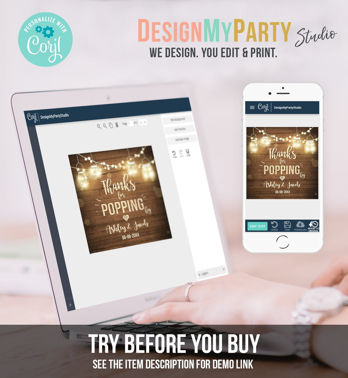 Editable Thanks For Popping By Gift Tag Birthday Party Favor Tag Popcorn Stickers Rustic Wood Lights Template DIY Corjl Printable 0015