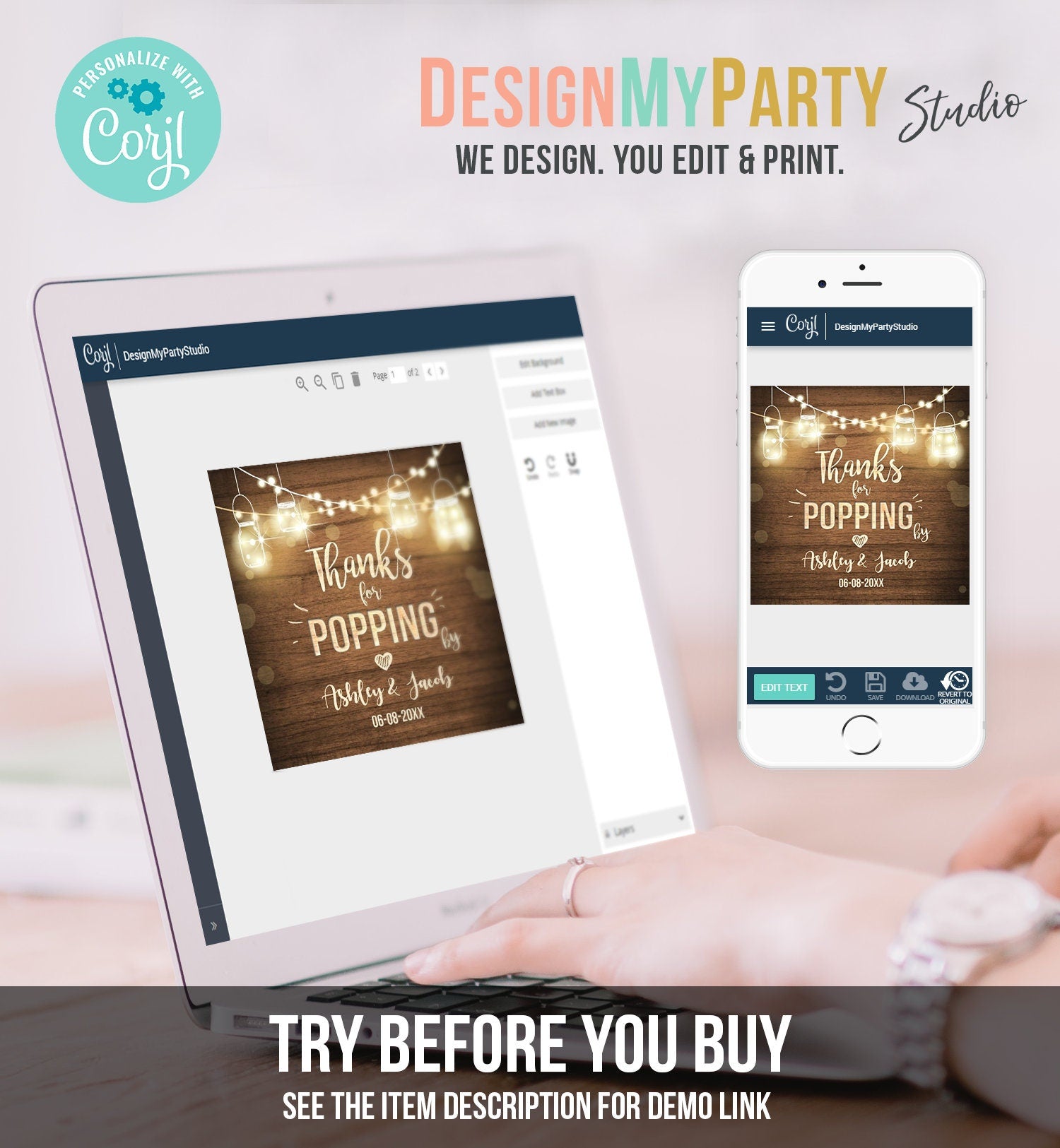 Editable Thanks For Popping By Gift Tag Birthday Party Favor Tag Popcorn Stickers Rustic Wood Lights Template DIY Corjl Printable 0015