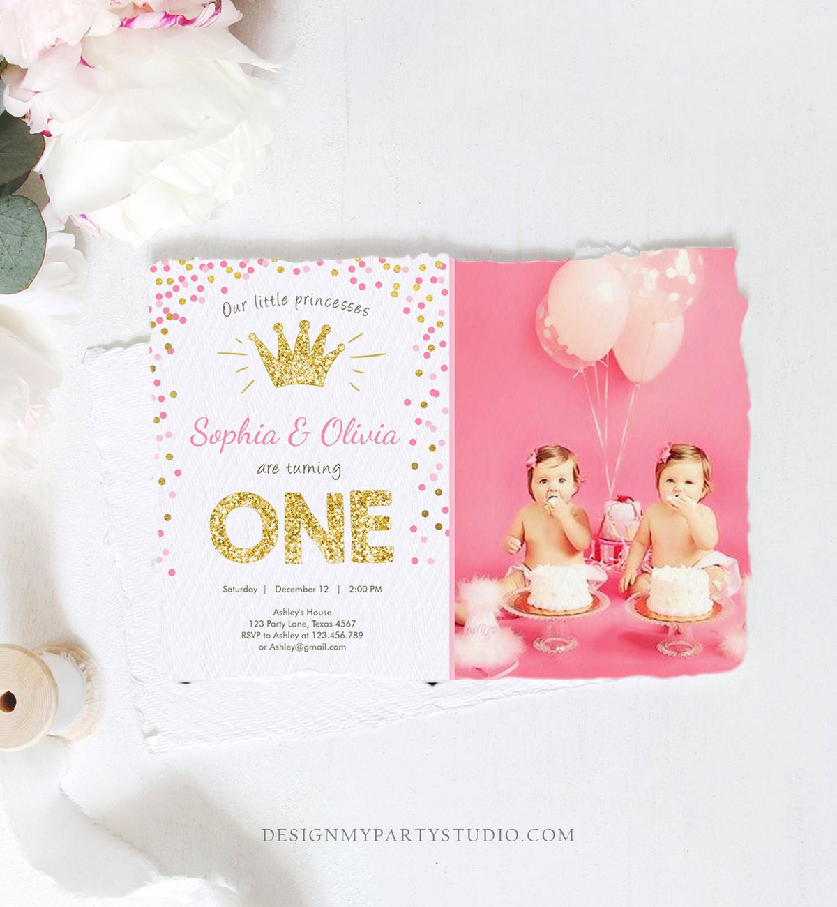 Editable Little Princesses Twins Birthday Invitation Girl Pink Gold First Birthday 1st ANY AGE Confetti Crown Corjl Template Printable 0047