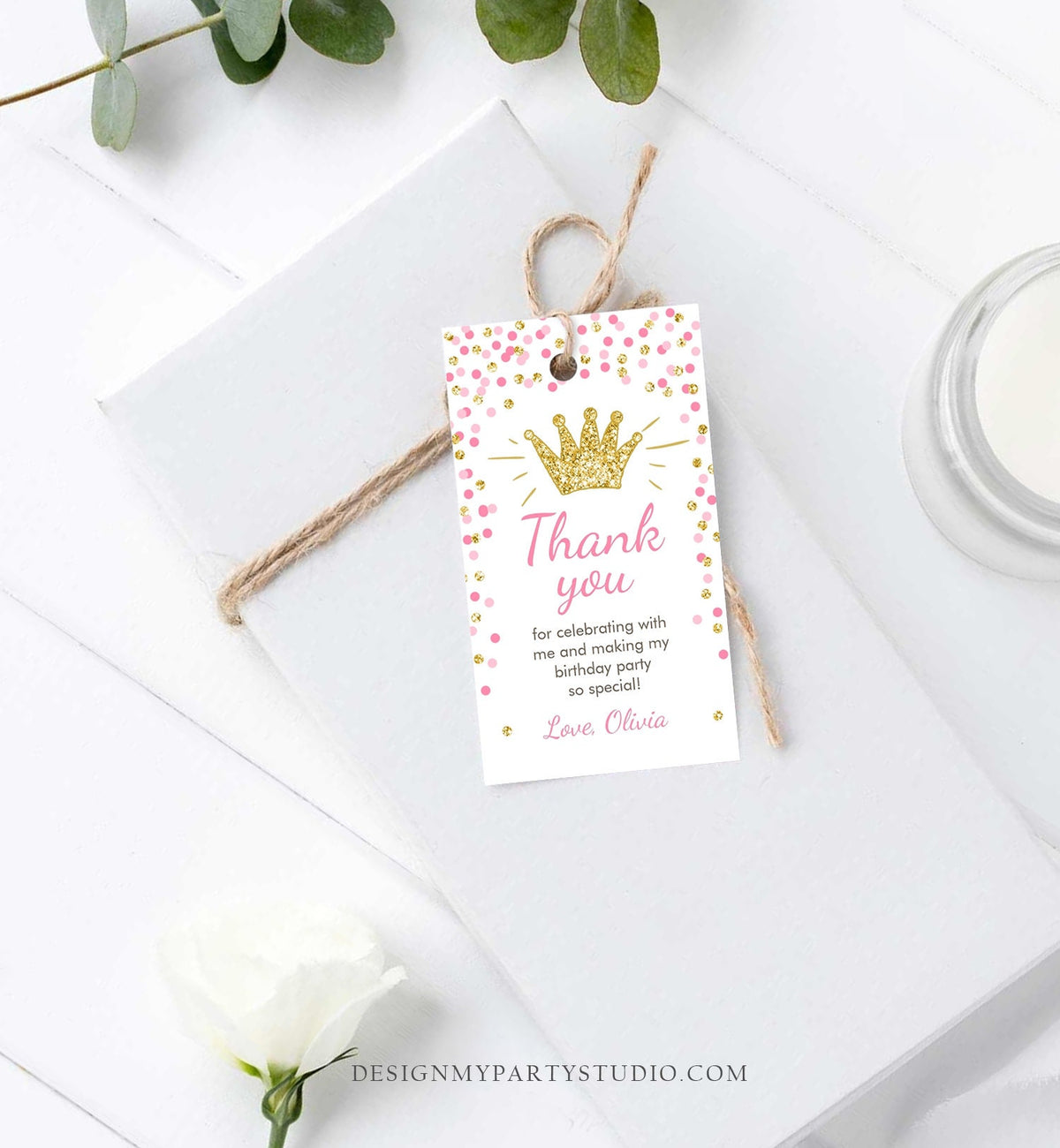 Editable Little Princess Favor Tags Thank You Girl Birthday Pink Gold Confetti Crown Royal Party Download Corjl Template Printable 0047