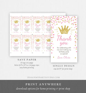 Editable Little Princess Favor Tags Thank You Girl Birthday Pink Gold Confetti Crown Royal Party Download Corjl Template Printable 0047