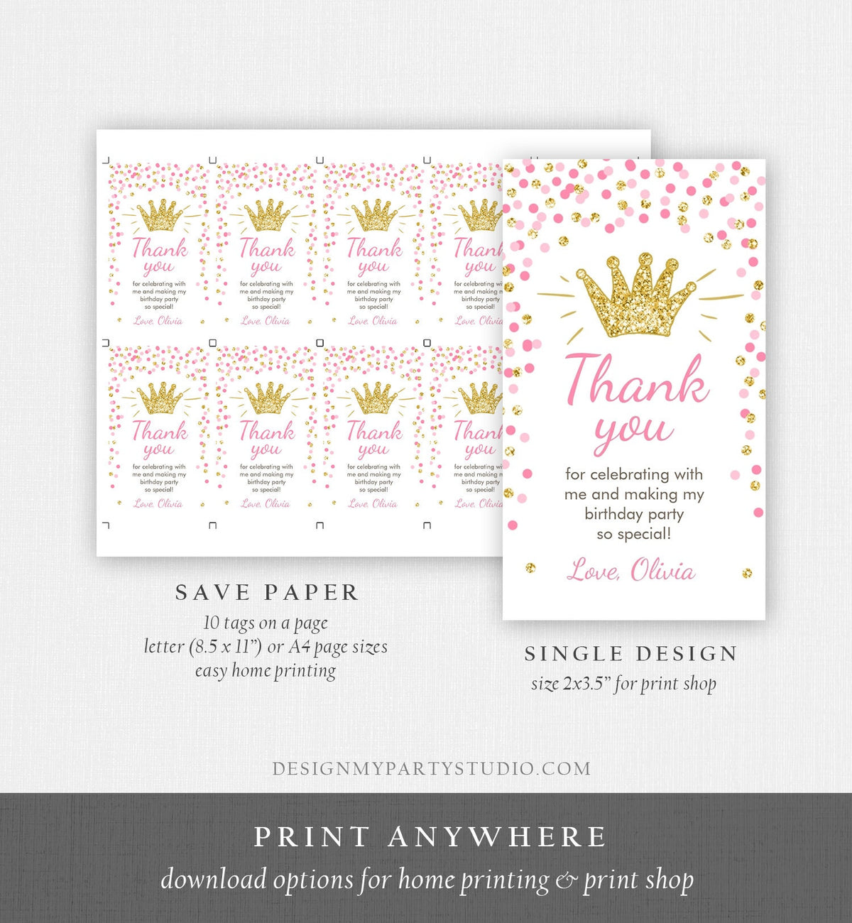 Editable Little Princess Favor Tags Thank You Girl Birthday Pink Gold Confetti Crown Royal Party Download Corjl Template Printable 0047