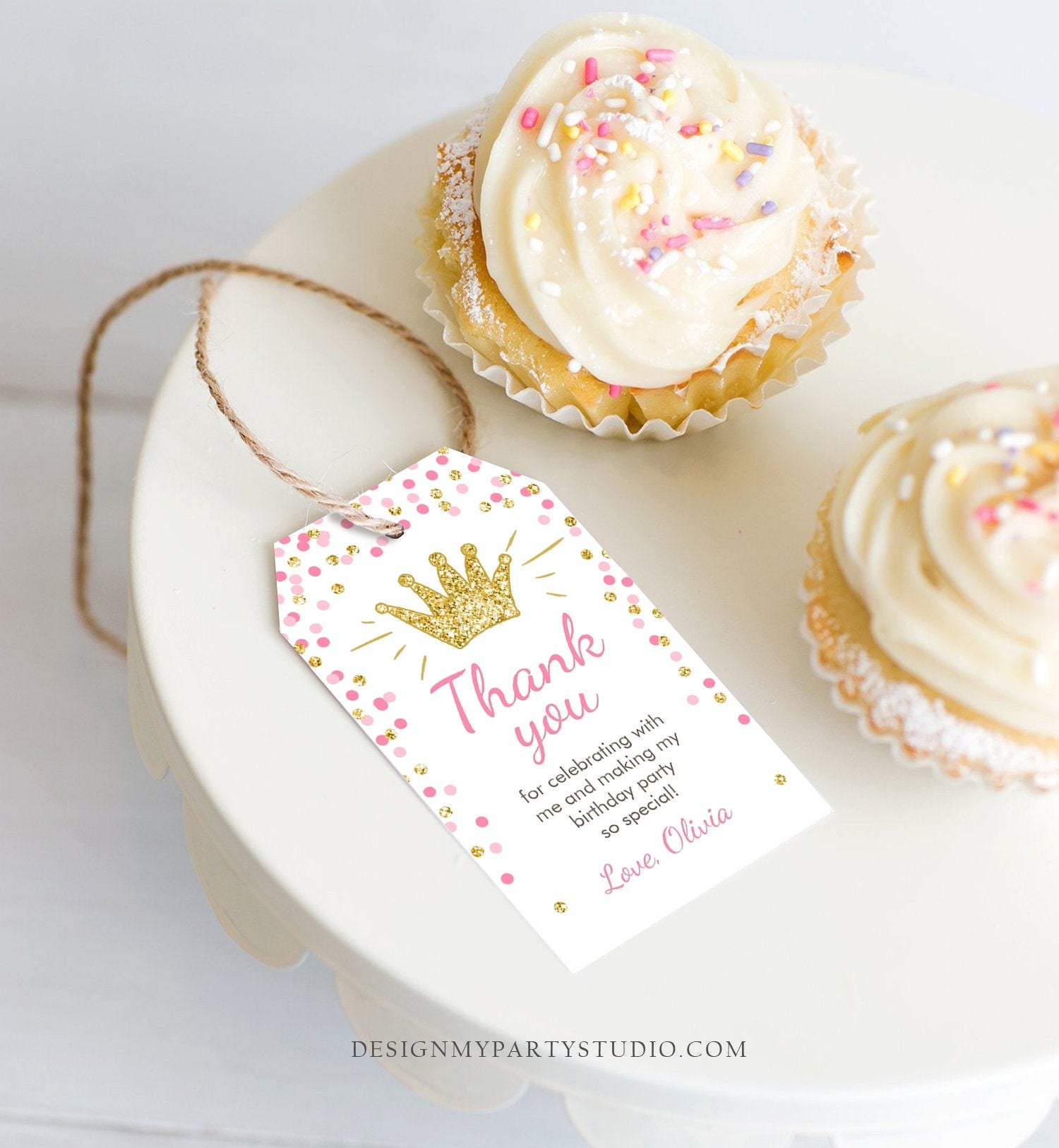 Editable Little Princess Favor Tags Thank You Girl Birthday Pink Gold Confetti Crown Royal Party Download Corjl Template Printable 0047