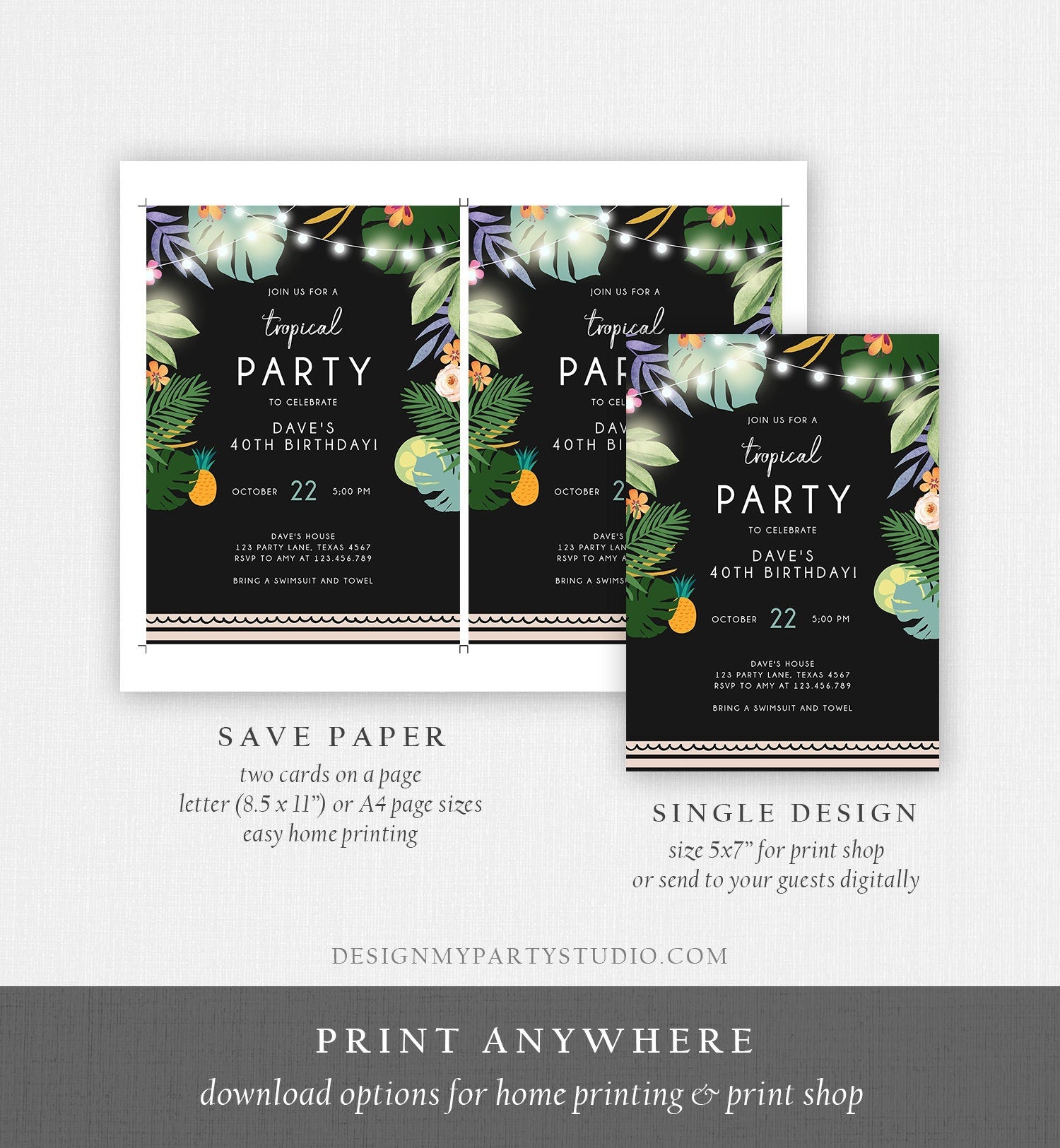 Editable Tropical Birthday Invitation Tropical Party Adult Birthday Man Woman Palm Leaves Hawaiian Download Template Corjl Printable 0183
