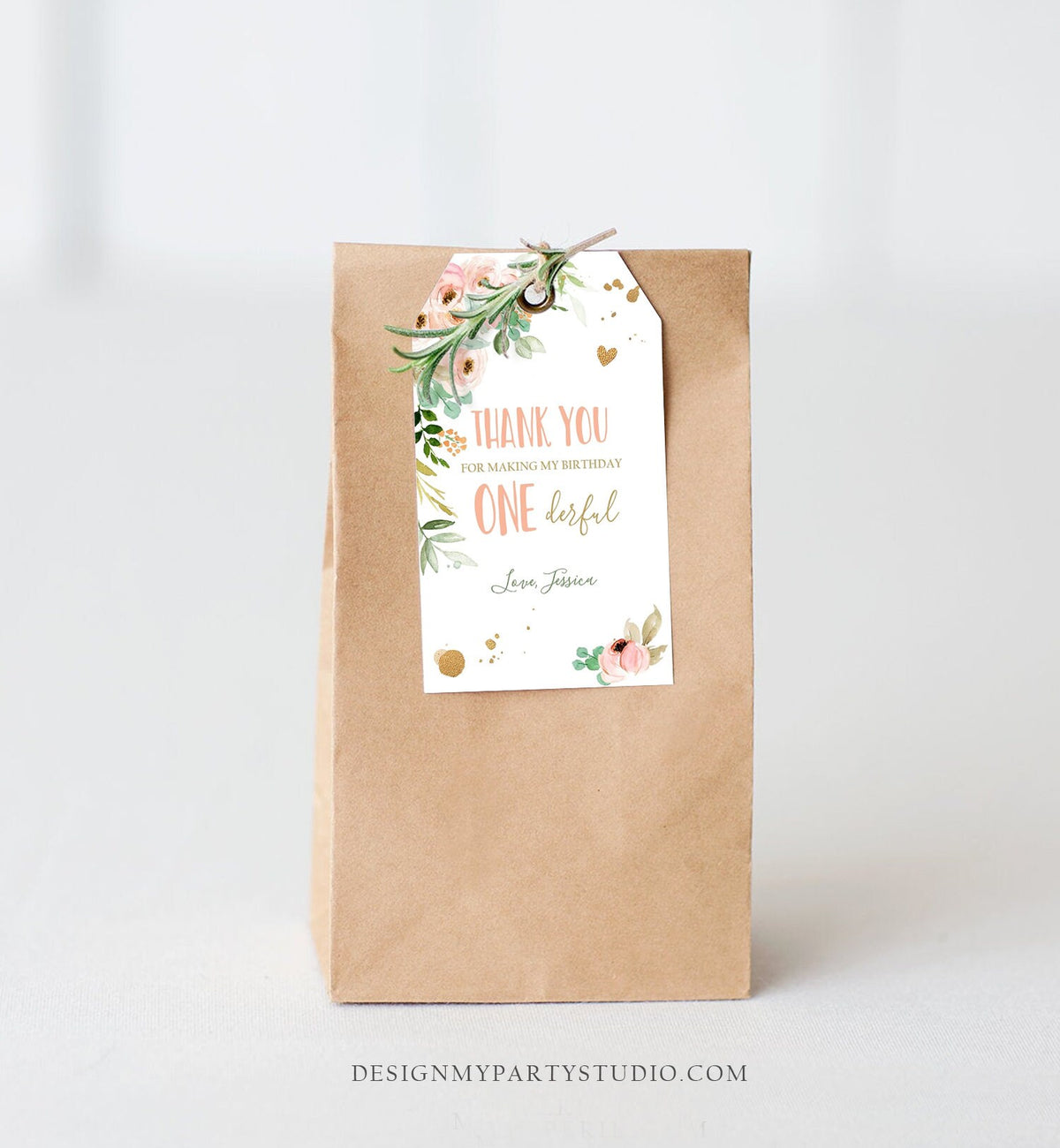 Editable Floral Favor tags Little Miss Onederful Birthday Thank you tag Girl Pink and Gold Peonies Flowers Digital Template Printable 0147