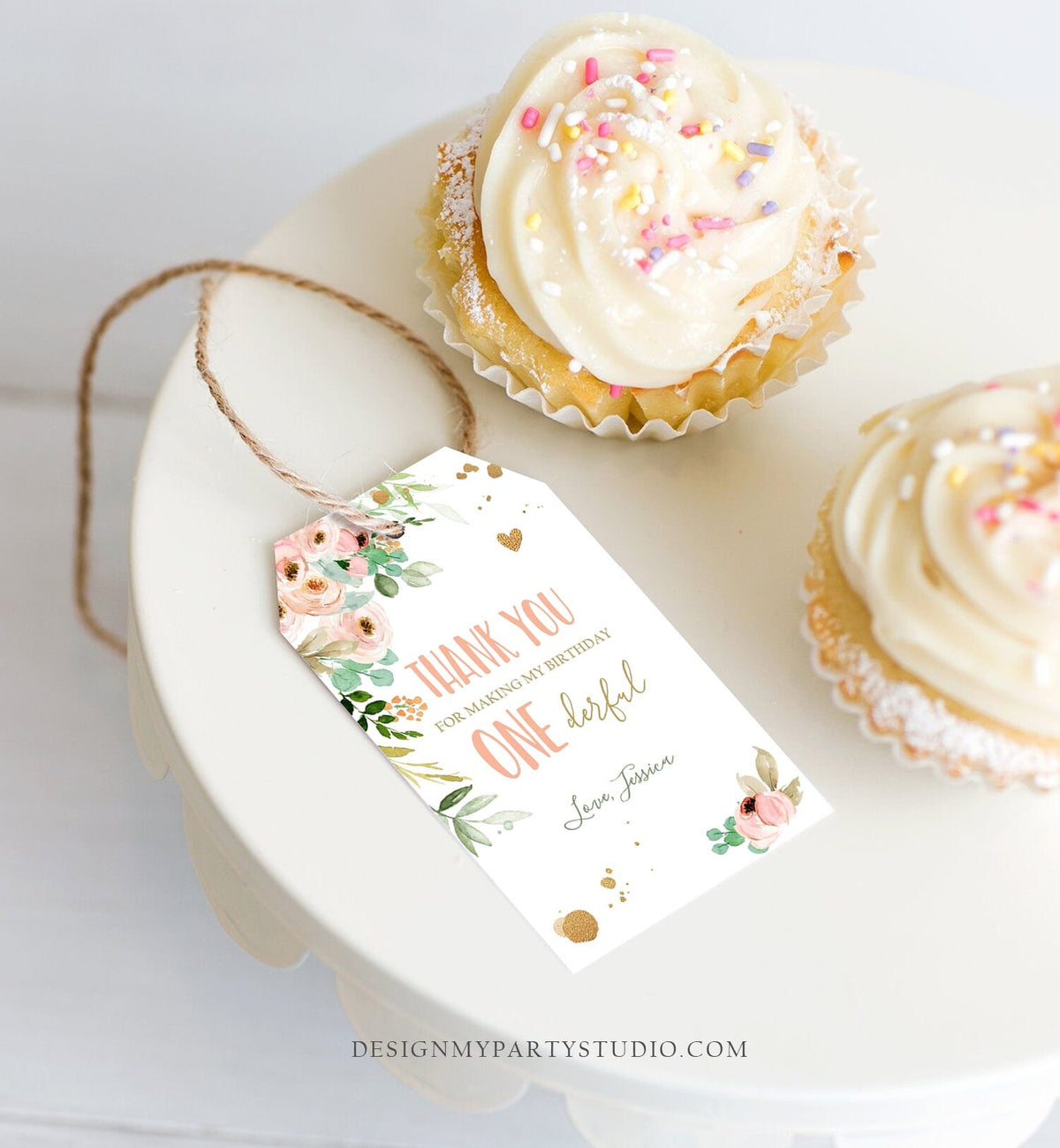 Editable Floral Favor tags Little Miss Onederful Birthday Thank you tag Girl Pink and Gold Peonies Flowers Digital Template Printable 0147