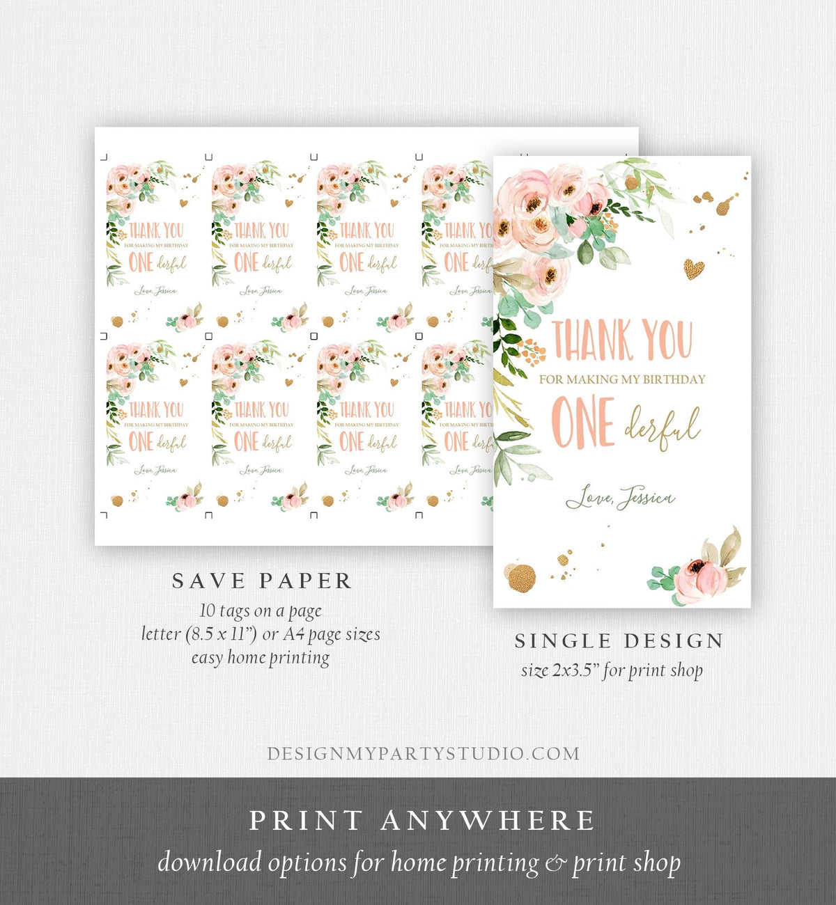 Editable Floral Favor tags Little Miss Onederful Birthday Thank you tag Girl Pink and Gold Peonies Flowers Digital Template Printable 0147