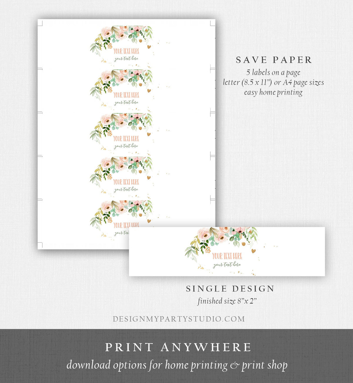 Editable Floral Water Bottle Labels Girl Birthday Peonies Greenery Eucalyptus Pink Gold Bottle Label Digital Template Printable 0147