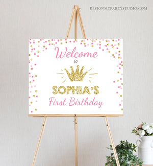Editable Princess Welcome Sign Girl Pink Gold Confetti First Birthday Party Table Sign Bridal Shower Crown Corjl Template Printable 0047