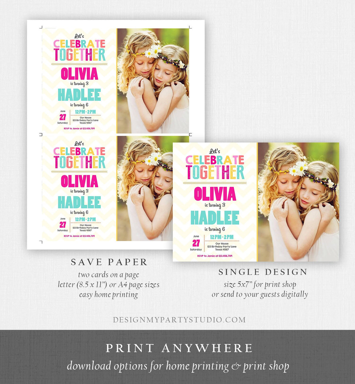 Editable Joint Birthday Invitation Twins Birthday Sisters Siblings Birthday Girl Party Rainbow Pink Download Corjl Template Printable 0087