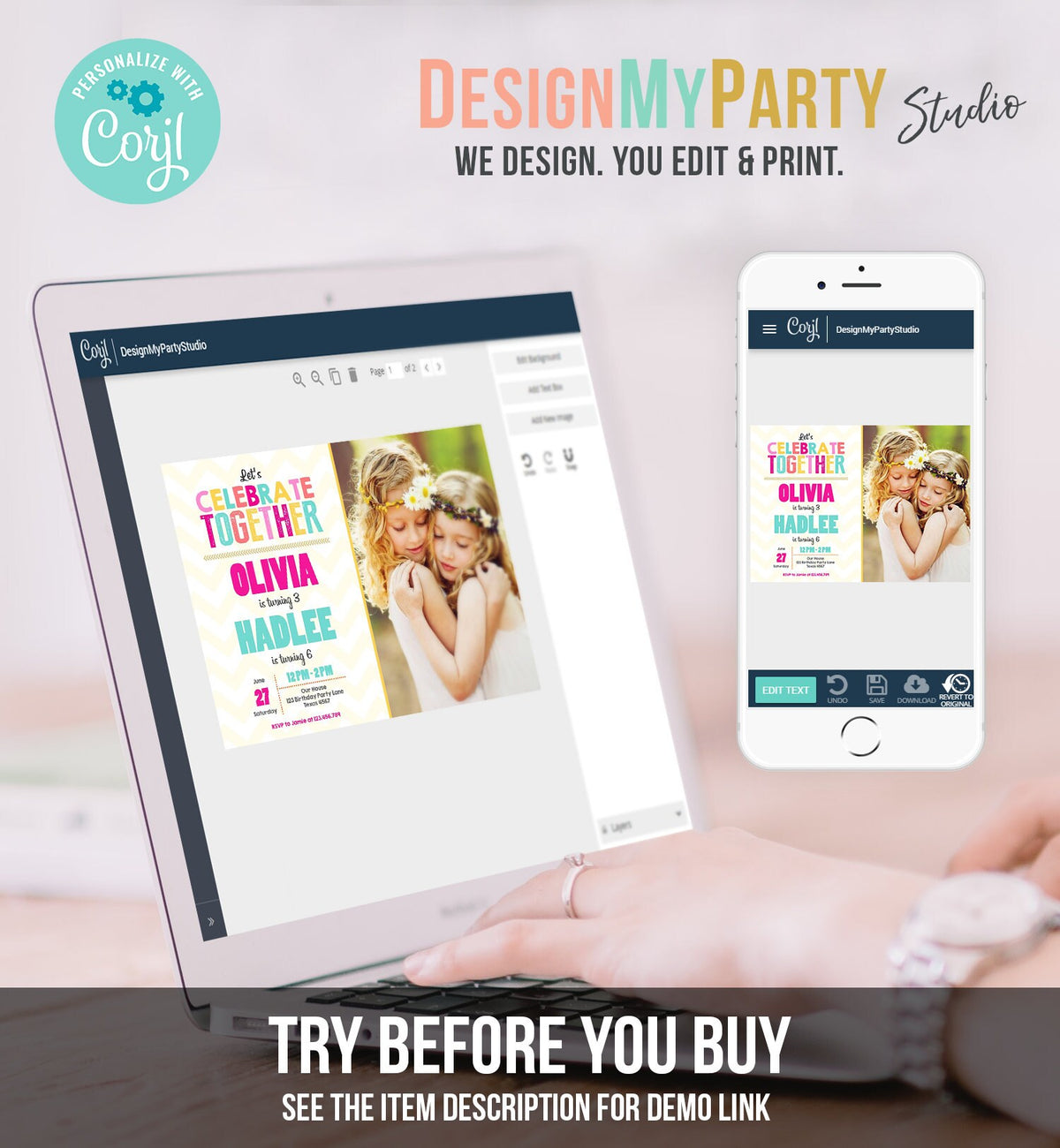 Editable Joint Birthday Invitation Twins Birthday Sisters Siblings Birthday Girl Party Rainbow Pink Download Corjl Template Printable 0087