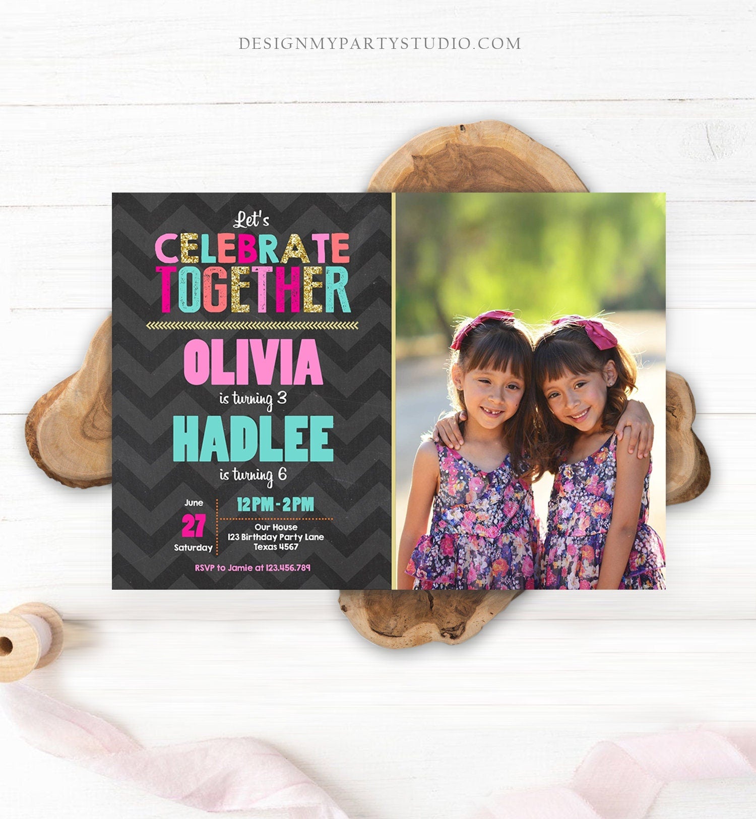 Editable Sisters Birthday Invitation Twins Birthday Party Siblings Joint Party Pink Girls Digital Download Evite Template Printable 0087