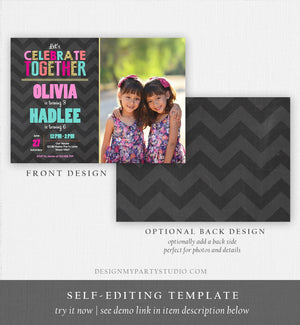 Editable Sisters Birthday Invitation Twins Birthday Party Siblings Birthday Party Pink Gold Girls Printable Invite Template Photo Corjl 0087