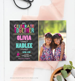 Editable Sisters Birthday Invitation Twins Birthday Party Siblings Birthday Party Pink Gold Girls Printable Invite Template Photo Corjl 0087
