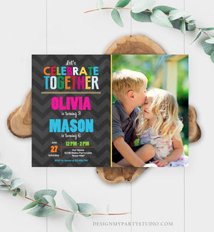 Editable Brother and Sister Birthday Invitation Twins Birthday Party Joint Birthday Party Rainbow Printable Invite Template Photo Corjl 0087