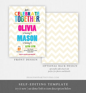 Editable Joint Twin Birthday Invitation Twins Birthday Party Dual Birthday Siblings Party Rainbow Printable Invite Template Corjl 0087