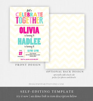 Editable Siblings Twin Birthday Invitation Twins Birthday Party Birthday Double Party Rainbow Girl Pink Printable Invite Template Corjl 0087