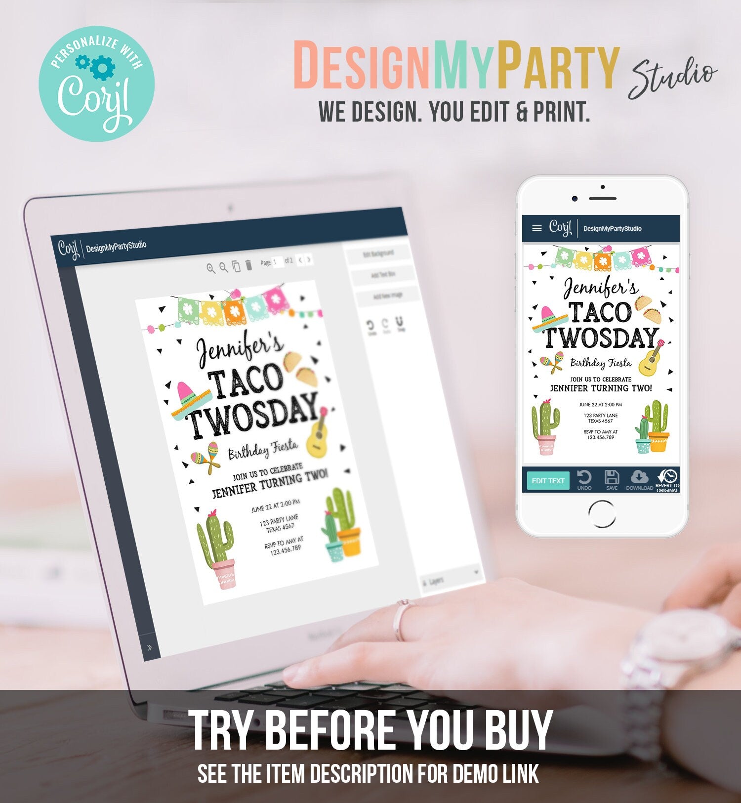 Editable Taco Twosday Invitation Mexican Girl Second Birthday 2nd Fiesta Pink Mint Cactus Digital Download Evite Template Printable 0161