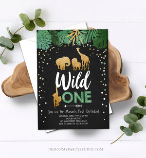 Editable Wild One Birthday Invitation Safari Animals Jungle Boy Gold First Birthday 1st Chalk Leaves Download Corjl Template Printable 0016