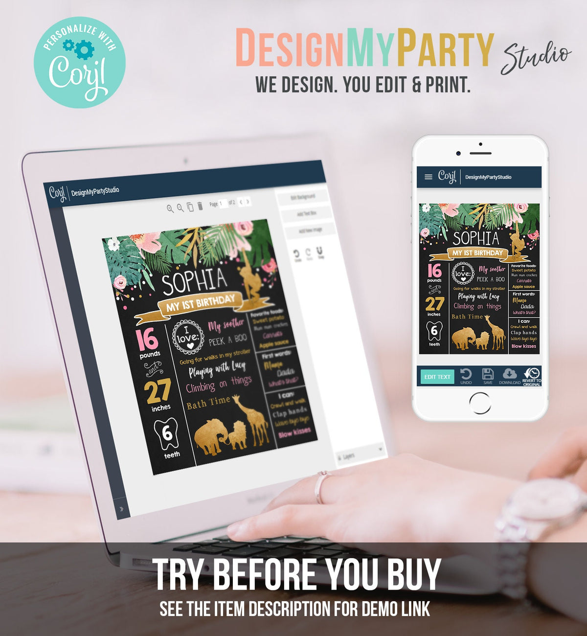 Editable Safari Animals Birthday Milestones Sign Wild One Girl First Birthday Safari Zoo 1st Pink Gold Jungle Corjl Template Printable 0016