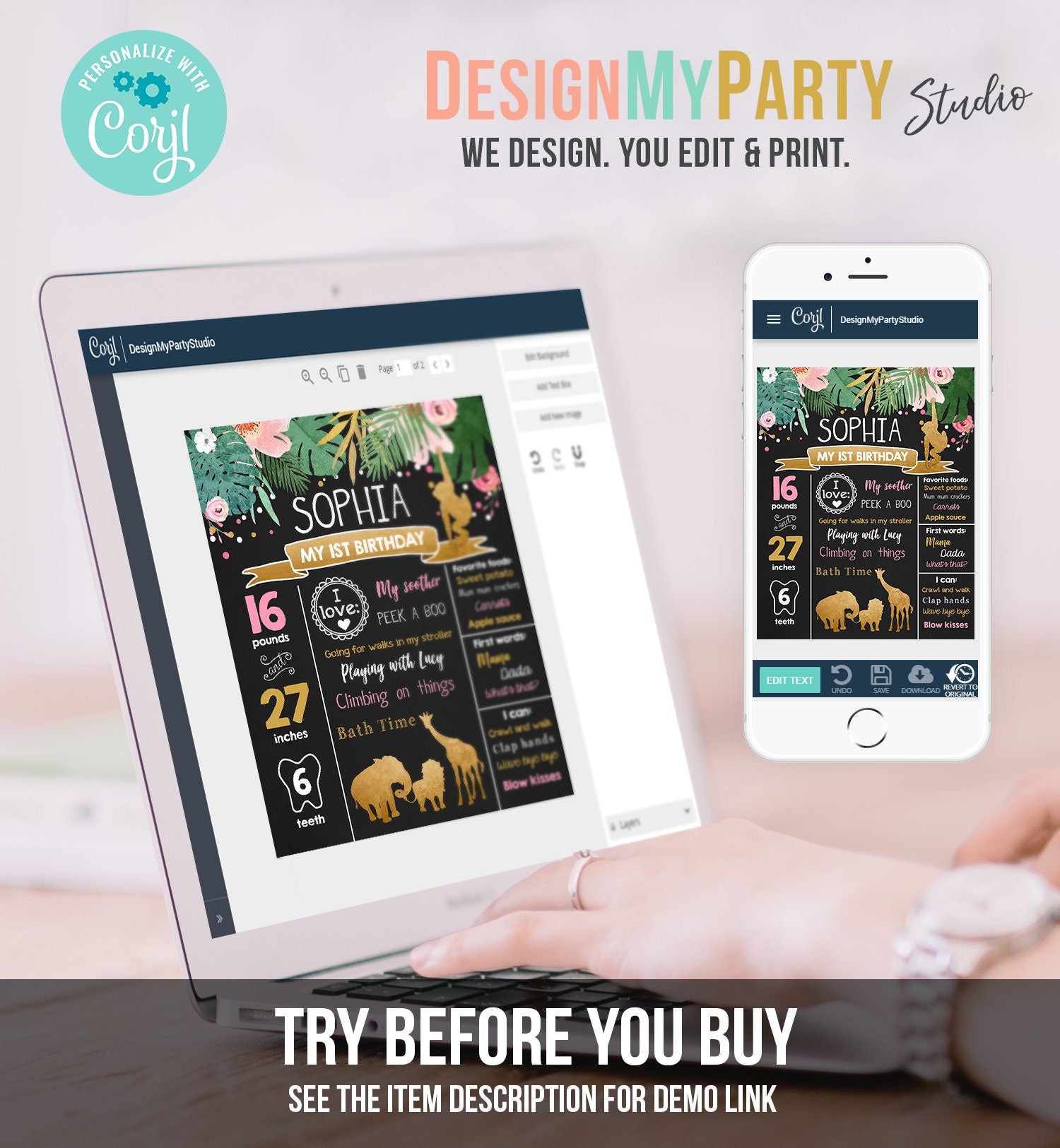 Editable Safari Animals Birthday Milestones Sign Wild One Girl First Birthday Safari Zoo 1st Pink Gold Jungle Corjl Template Printable 0016