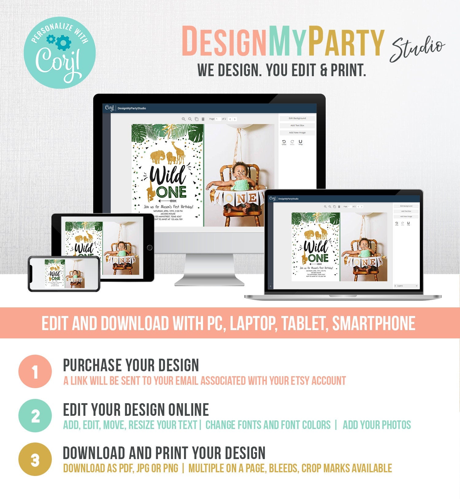 Editable Wild One Birthday Invitation Safari Animals Jungle Zoo Animals Black Gold First Birthday 1st Download Printable Corjl Template 0016